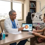 Doctor explains eye diagram to patient-How Much Does Eye Surgery Cost? 1