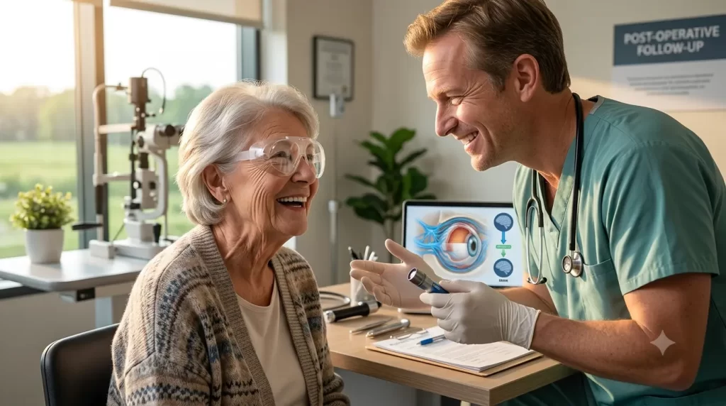 Elderly woman in eye shield, with doctor-Nerve Block for Eye Surgery 2