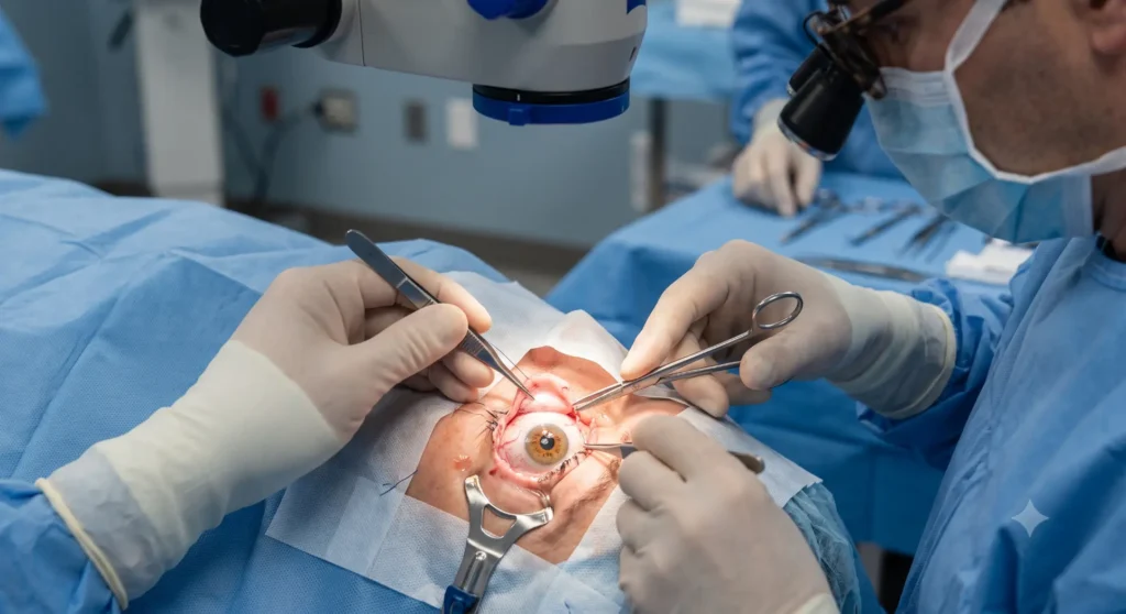 Close-up of open, operated human eye- DCT Eye Surgery 2