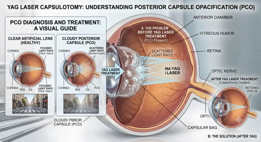 Diagram showing cloudy lens light focus-YAG Eye Surgery2