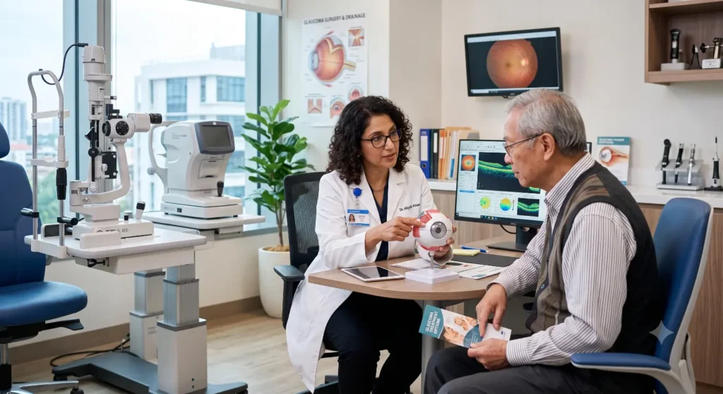 Doctor discussing eye care with patient-Glaucoma Eye Surgery 1