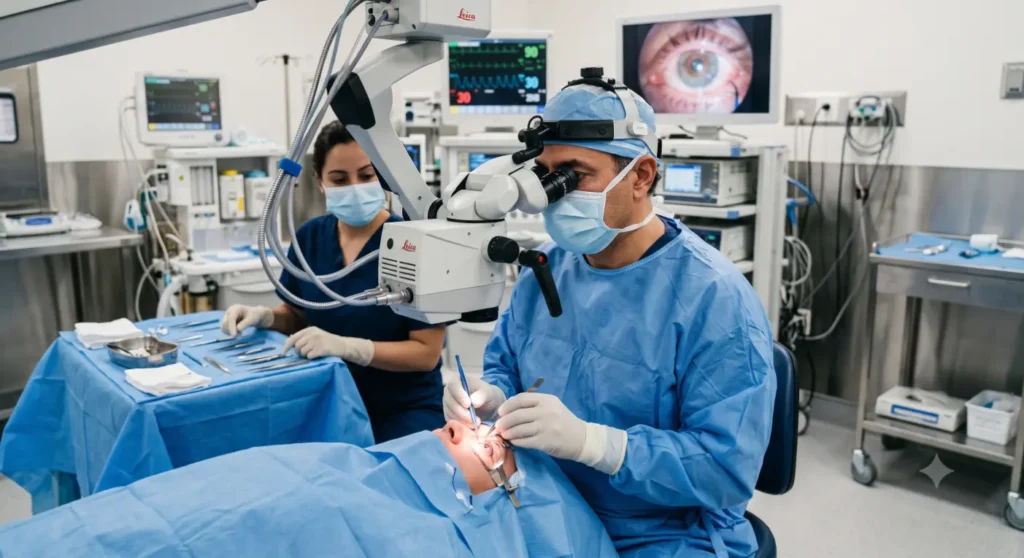 Placing donor corneal tissue with forceps-DALK Eye Surgery 2