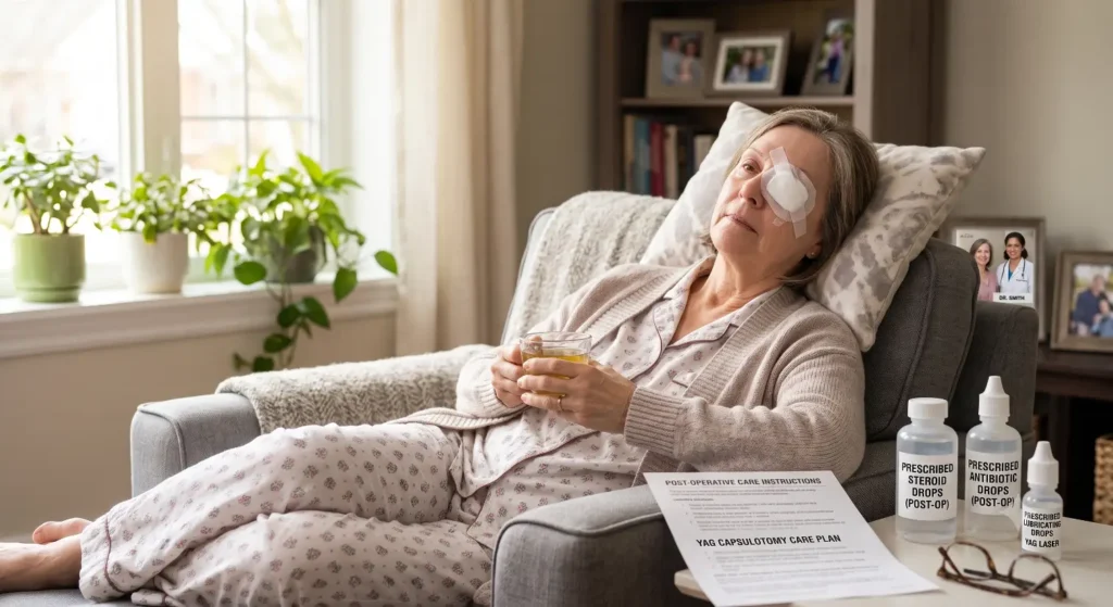Resting woman with eye patch on armchair-YAG Eye Surgery 3
