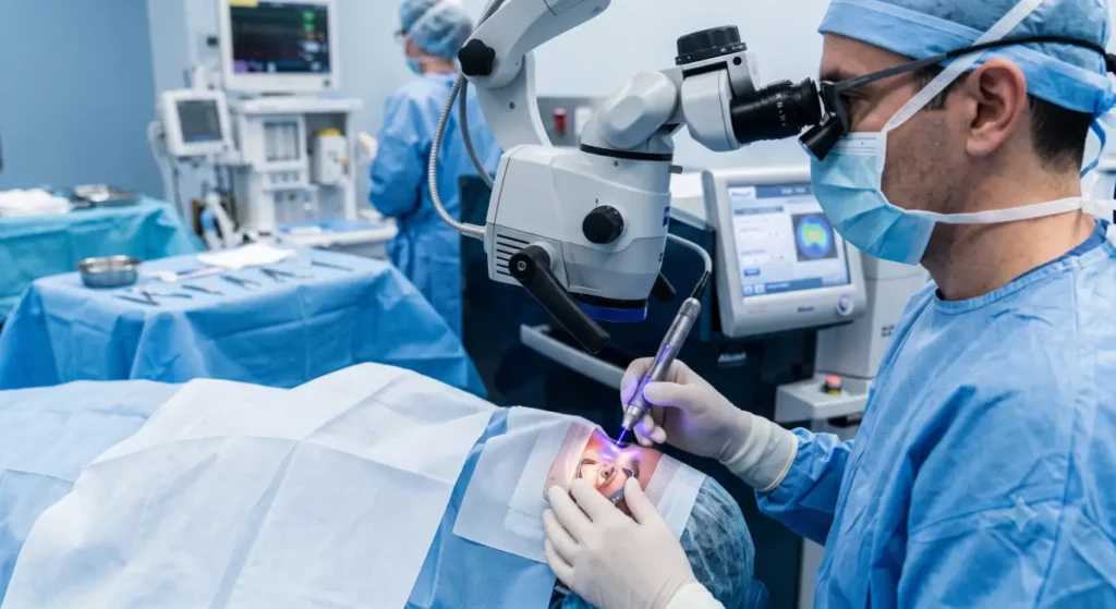 Surgeon performing laser eye surgery-PTK Eye Surgery1