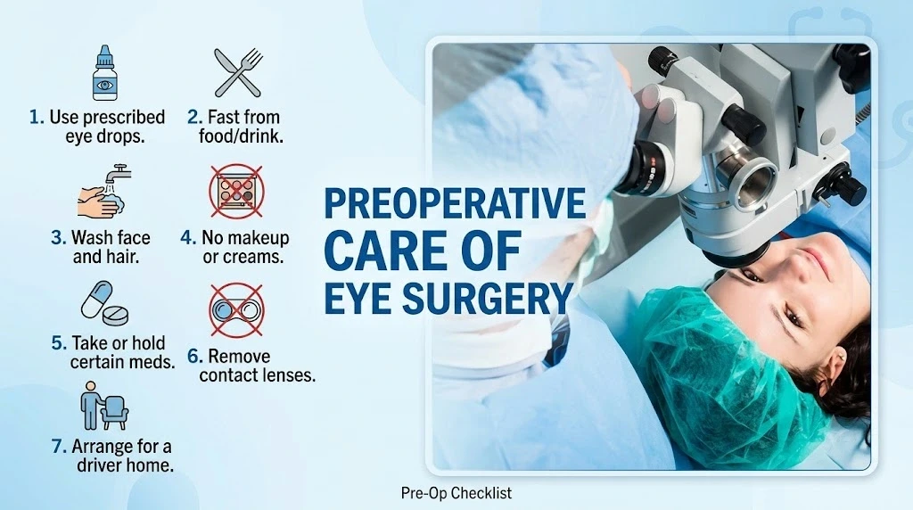 Preoperative care of eye surgery and its checklist.