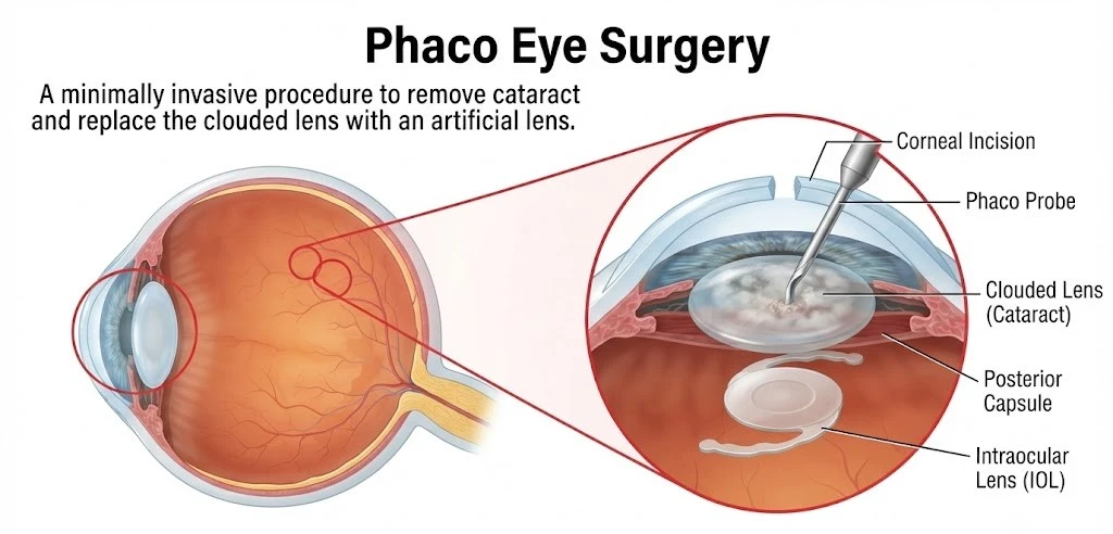 Diagram of Phaco Eye Surgery showing the overview.