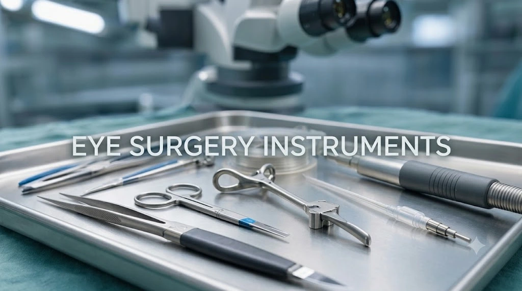 eye surgery instruments on an operation table.