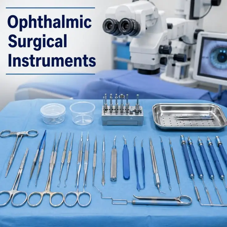 sterilized eye surgery instruments kept on operation table.