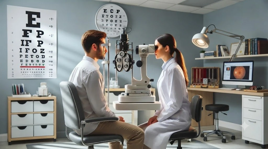 Eye doctor examining a patient at an eye clinic.   