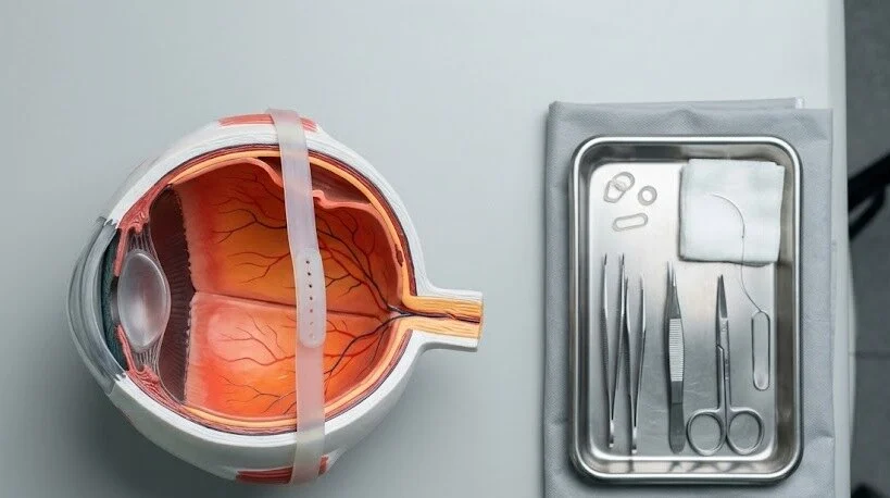A detailed anatomical eye model next to a surgical tray - Buckle Eye Surgery -1
