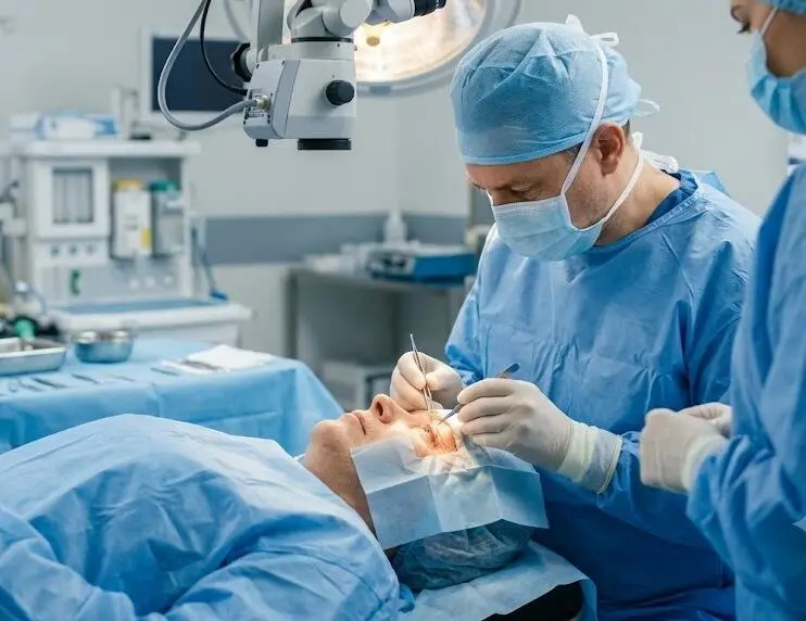 An ophthalmic surgeon in sterile scrubs performing an eye-muscle alignment procedure on a patient in an operating room. - cross eye surgery - 1