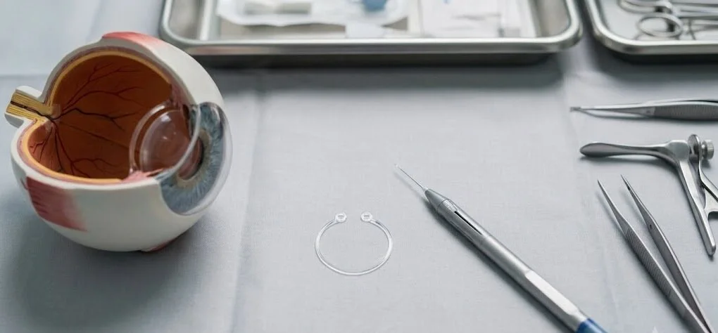 An overhead photograph of an anatomical eye model, a transparent capsular tension ring, and an insertion instrument on a sterile surgical surface - CTR Eye Surgery- 1