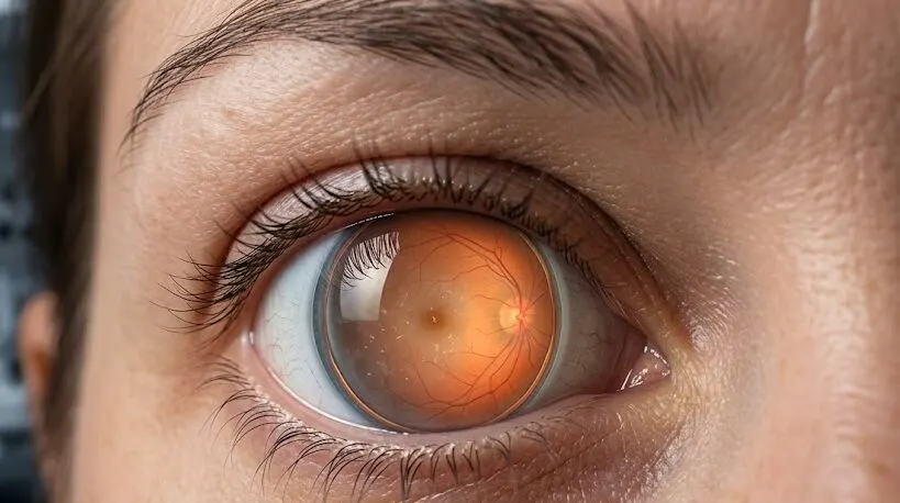 Extreme close-up of a patient's open eye with natural corneal reflections and hazy vitreous gel highlighting the deep retina - Vitrectomy Eye Surgery - 1