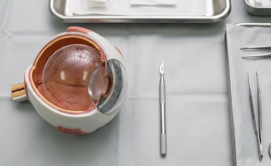 An overhead photograph of an anatomical eye model and an ophthalmic microsurgical knife on a sterile clinical surface - Keratotomy Eye Surgery - 1