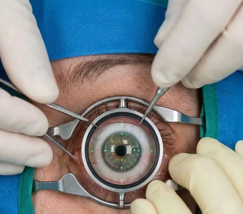 A close-up of a patient's eye undergoing precise laser alignment with a docking interface - Femto eye surgery - 2