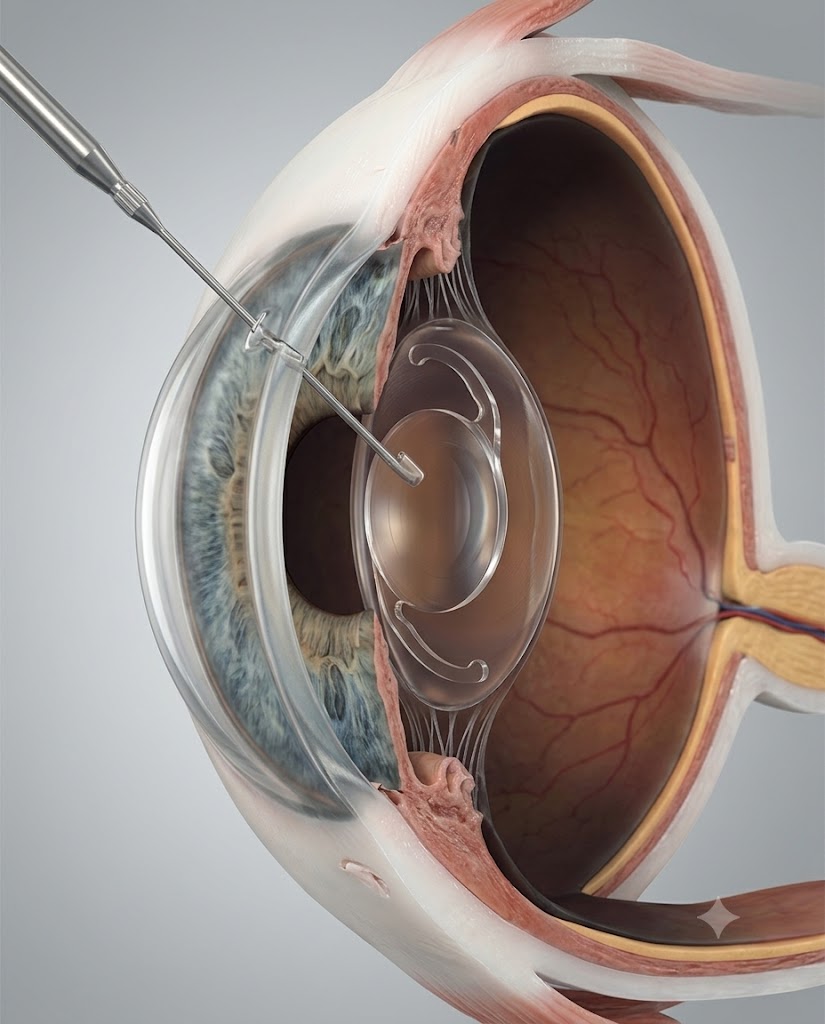 Detailed anterior view of human eye cross-section showing clear PCIOL positioned in the capsular bag behind the iris - PCIOL eye surgery -1