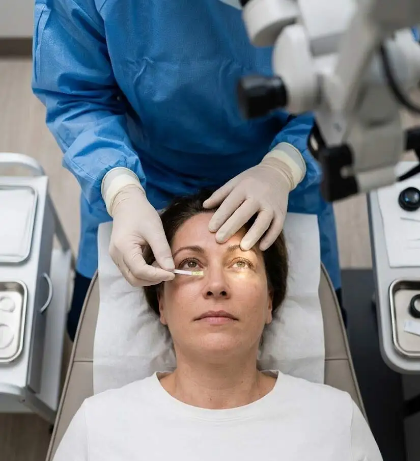 An ophthalmologist conducting an ocular diagnostic assessment on a patient's eye area using a testing strip - Dry Eye Surgery - 2