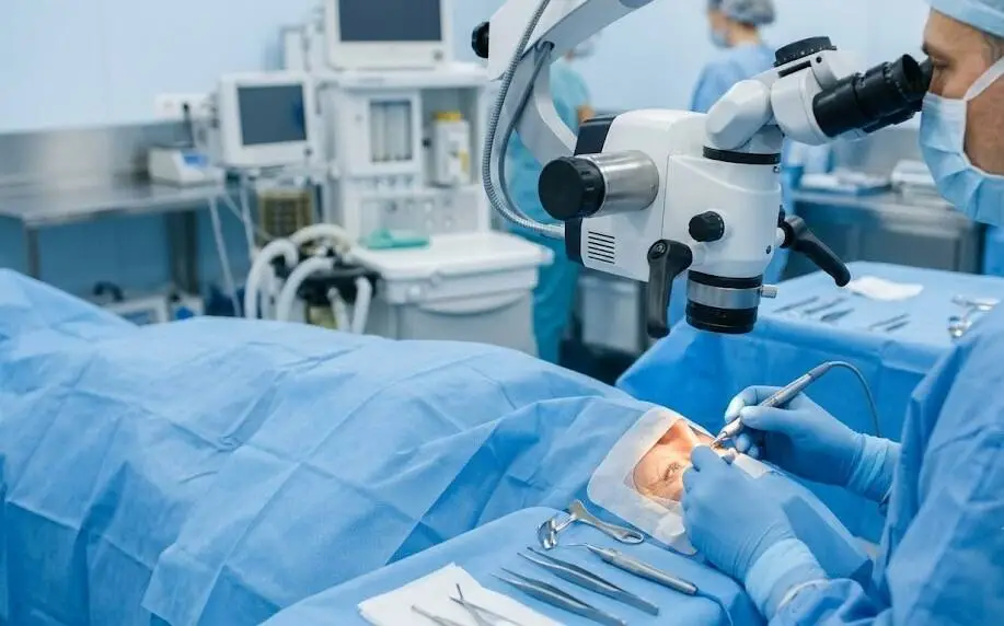 Ophthalmic surgeon using a sophisticated operating microscope during a procedure on a draped patient in a modern operating room - MICS Eye Surgery -1