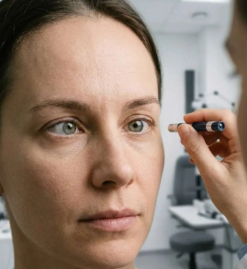 An ophthalmologist using a handheld examination tool to check the eye alignment of a patient in a clinic. - cross eye surgery - 2