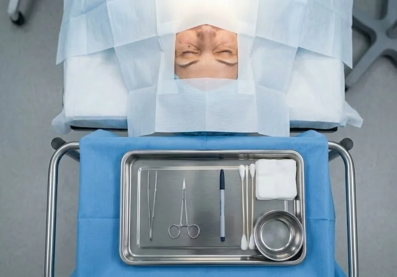 A sterile instrument tray near a draped patient prepared on a bed - Under Eye Surgery -2