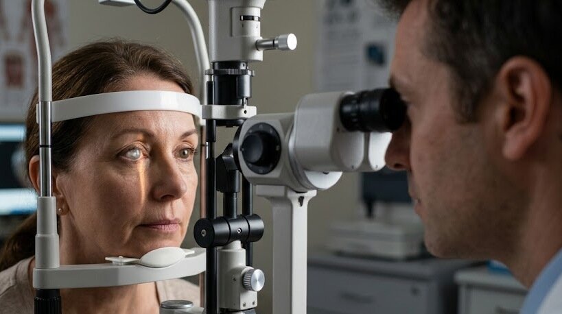 A professional eye doctor examining a patient's cornea with a slit-lamp biomicroscope in a modern clinic during a diagnostic assessment - PKP Eye Surgery - 1