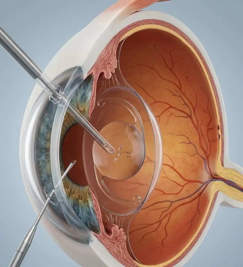 Anatomical cross-section of an eye showing fine ophthalmic tools removing the natural lens and positioning a clear intraocular lens - RLE eye surgery- 2