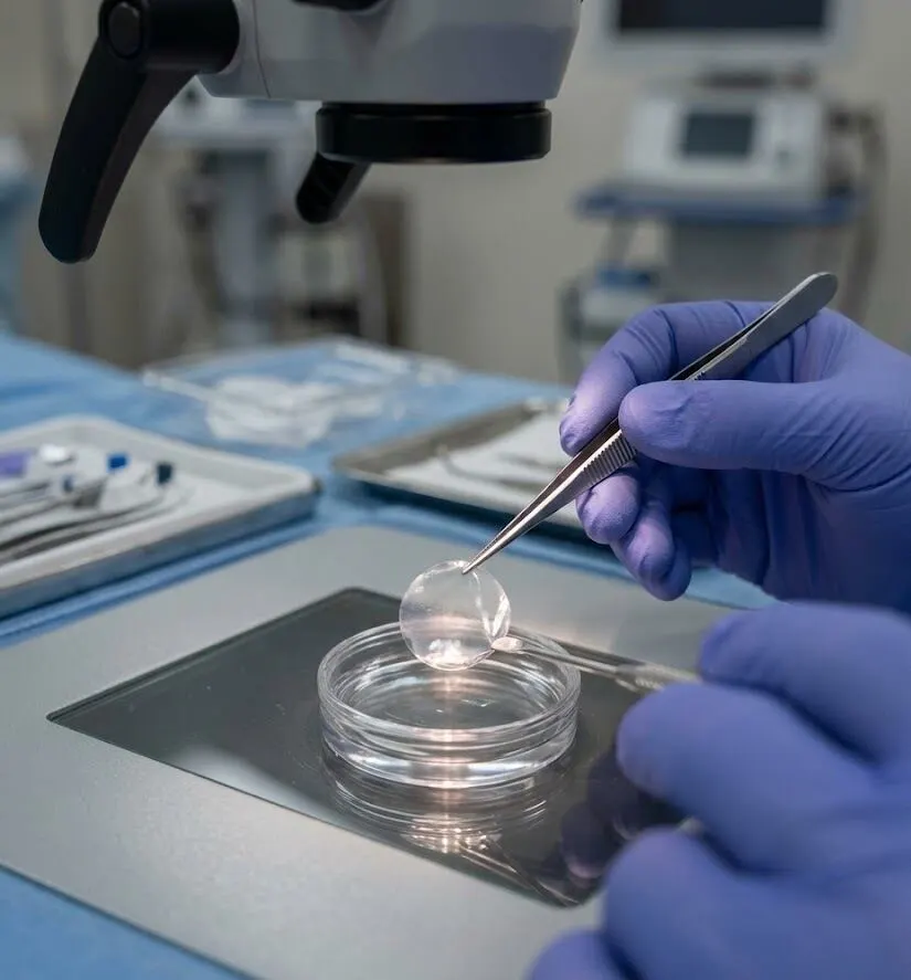 A close-up of a sterile workstation where a surgeon's gloved hands handle a delicate donor corneal graft - DSAEK Eye Surgery -  2