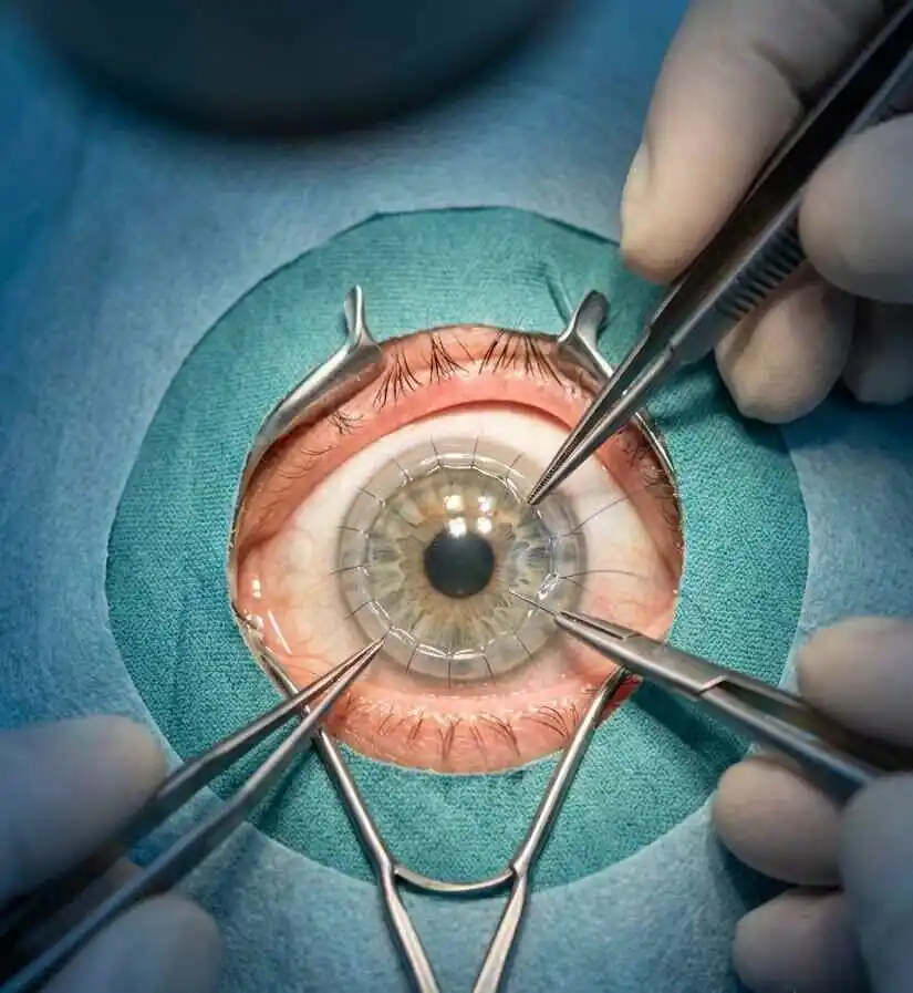 A close-up view through a surgical microscope showing an ophthalmic surgeon meticulously suturing a donor corneal graft onto a patient's eye - TPK eye surgery - 2