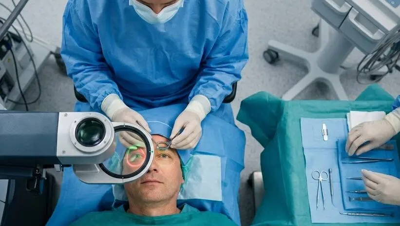 An ophthalmic surgeon aligning a sophisticated laser system over a patient’s eye - Femto eye surgery - -1