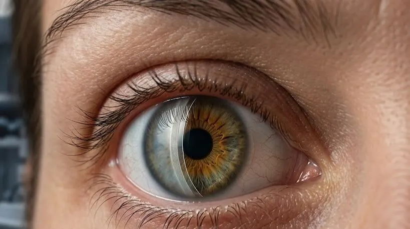 Extreme close-up of an eye with mild corneal haze highlighting the thin inner corneal layer treated - DSAEK Eye Surgery - 1