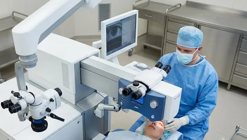 n elevated overhead view of a patient on a treatment bed and an ophthalmic surgeon with advanced laser equipment in an operating room - SmartSurf Eye Surgery- 1