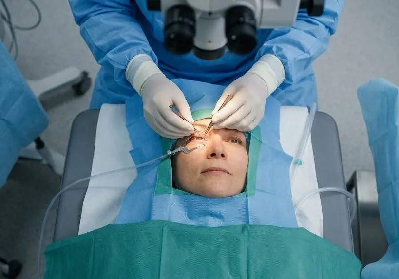 A surgeon performing a delicate ocular procedure around a patient's eye using precise microsurgical instruments - Dry Eye Surgery - 1