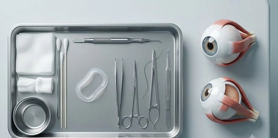 Sterile surgical tray with ophthalmic instruments and eye models - Buckle Eye Surgery -2