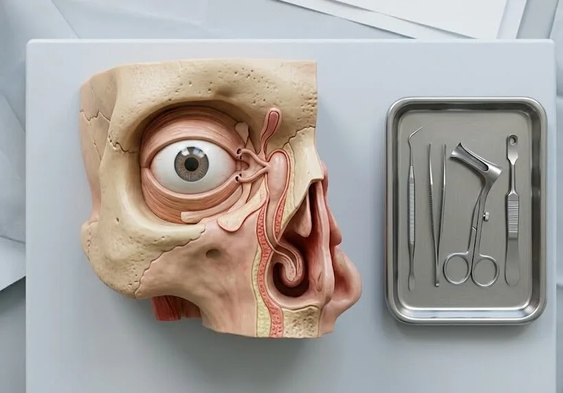 human eye and tear drainage anatomy model with surgical instruments - DCR Eye Surgery - 1