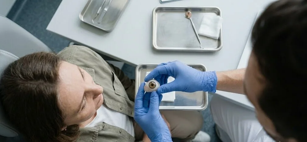 specialist demonstrating prosthesis to a seated patient - Artificial eye surgery- 2