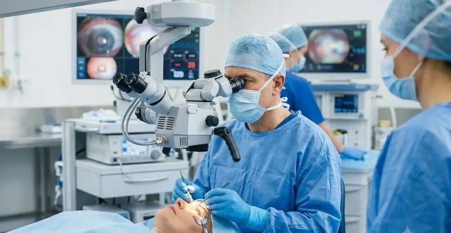 Eye surgeon using an operating microscope to perform a refractive lens replacement procedure on a patient in a sterile clinical room - RLE eye surgery- 1