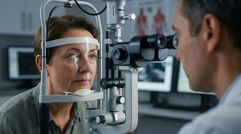 A professional eye doctor examining a patient's cornea with a slit-lamp biomicroscope in a modern clinic during a diagnostic assessment - TPK eye surgery - 1