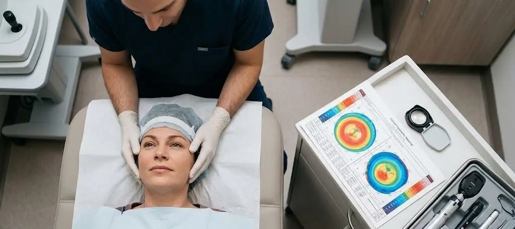 A top-down photograph of a preoperative patient head alignment and corneal mapping assessment on a clinical cart - SmartSurf Eye Surgery - 2