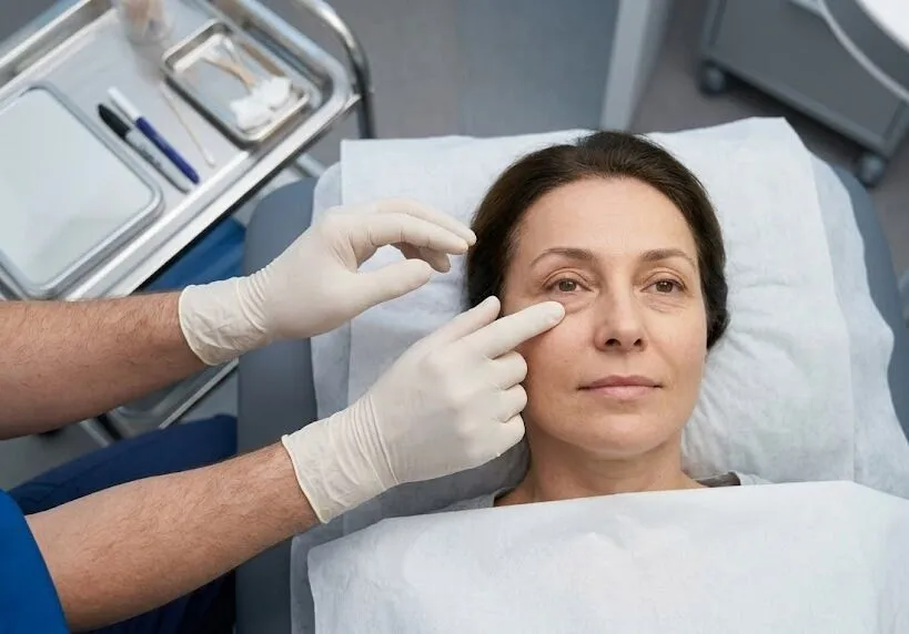 A surgeon gently examining a patient's lower eyelid area - Under Eye Surgery -1