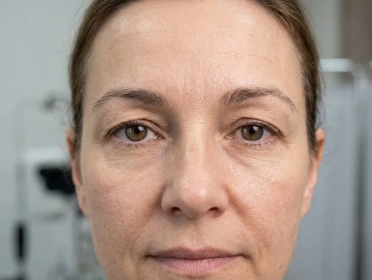 Natural frontal view of an adult woman's upper face showing excess upper eyelid skin overlapping the crease during a clinical assessment - Hooded eye surgery - 1