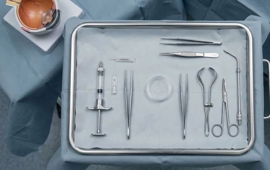 A top-down view of an ophthalmic surgical tray with instruments and a capsular tension ring prepared for a procedure - CTR Eye Surgery-2