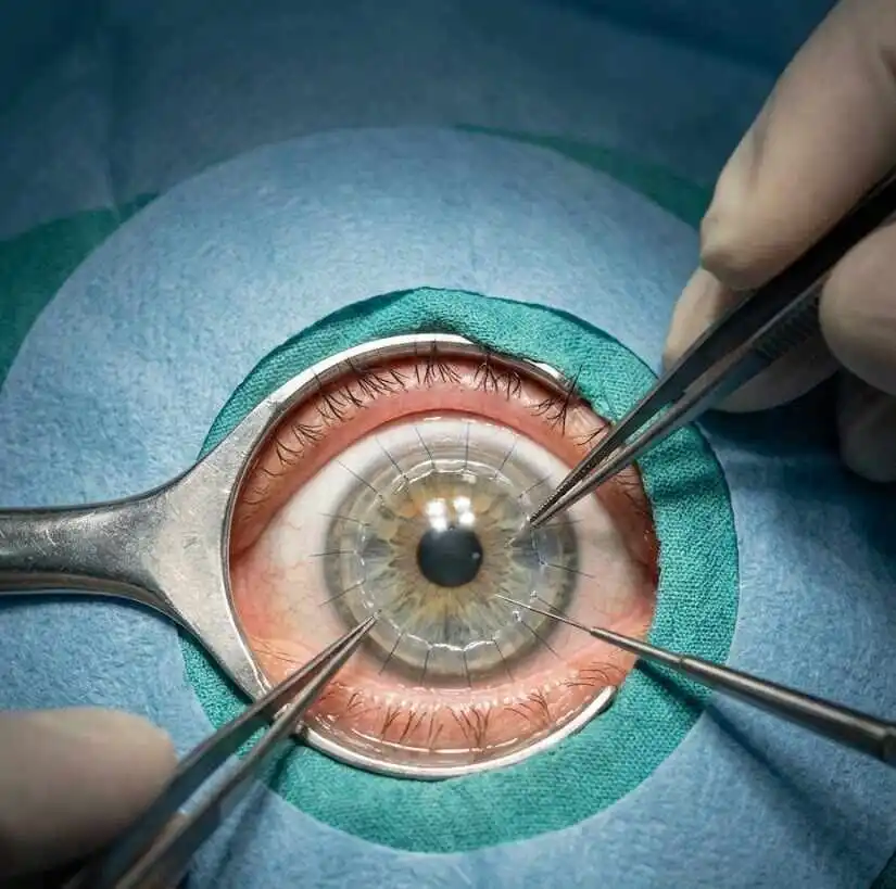 A close-up view through a surgical microscope showing an ophthalmic surgeon meticulously suturing a donor corneal graft onto a patient's eye - PKP Eye Surgery -  2