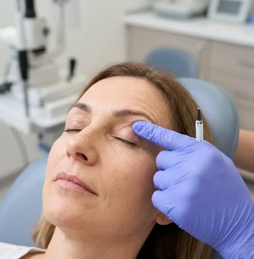 A surgeon with blue gloves examining and marking an adult patient's closed upper eyelid during a pre-operative clinical consultation - Hooded eye surgery - 2